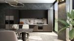 Cocina abierta con muebles modernos y tonos oscuros